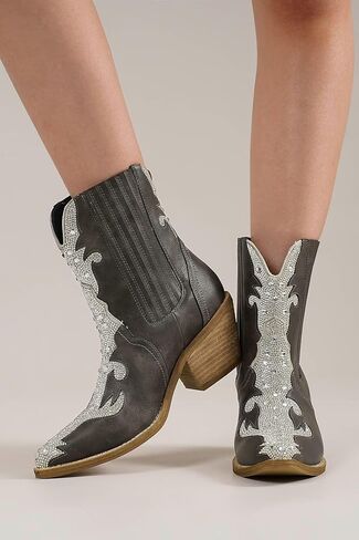 Women's Embellished Western Booties Cowboy Boots Cowgirl Boots Pointed Toe Boots Stacked Block Heel Boots in Saudi Arabia
