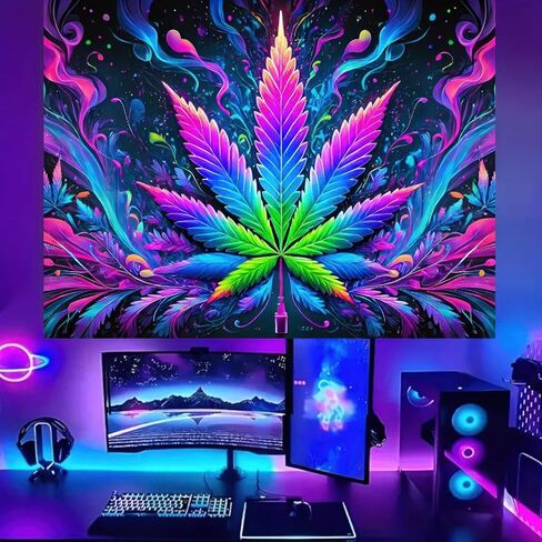 BlissYard Blacklight Tapestry Black Light Hanging Backdrop Glow in The Dark Poster Cannabis UV Tapestry for Bedroom Wall Decoration Living Room Artwork Home Room Party Backdrop Decor 78x59 Inch in Saudi Arabia