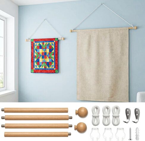 Ajerg 2 حزمة من الشماعات الخشبية القابلة للتعديل، مجموعة قضبان تعليق نسيجية مقاس 16-32 بوصة مع سلك، مجموعة عرض معلقة على الحائط للمفروشات واللافتات وديكور النسيج المنسوج in Kuwait