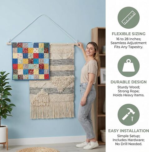 Ajerg 2 حزمة من الشماعات الخشبية القابلة للتعديل، مجموعة قضبان تعليق نسيجية مقاس 16-32 بوصة مع سلك، مجموعة عرض معلقة على الحائط للمفروشات واللافتات وديكور النسيج المنسوج in Kuwait