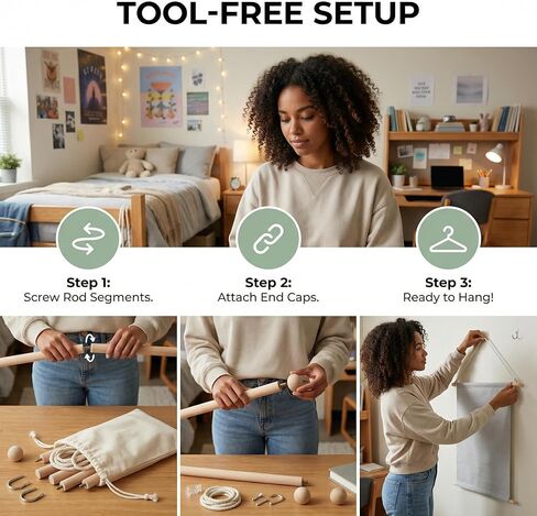 Ajerg 2 حزمة من الشماعات الخشبية القابلة للتعديل، مجموعة قضبان تعليق نسيجية مقاس 16-32 بوصة مع سلك، مجموعة عرض معلقة على الحائط للمفروشات واللافتات وديكور النسيج المنسوج in Kuwait