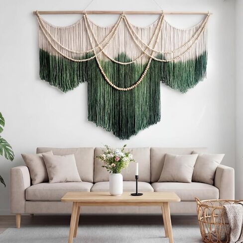 CrystalSylara كبير مكرامية الجدار شنقا بوهو الجدار الديكور الفن، 57 "ث × 43" L الأخضر والكريم الألياف تراجع مصبوغ نسيج الألياف المنسوجة يدويا والخرز الخشبي ديكور لغرفة النوم غرفة المعيشة ديكور المنزل in Kuwait
