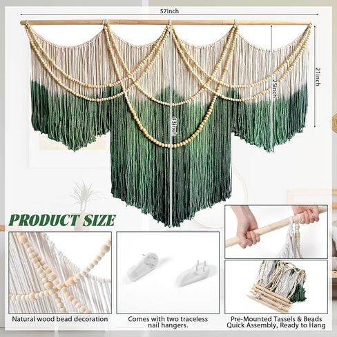 CrystalSylara كبير مكرامية الجدار شنقا بوهو الجدار الديكور الفن، 57 "ث × 43" L الأخضر والكريم الألياف تراجع مصبوغ نسيج الألياف المنسوجة يدويا والخرز الخشبي ديكور لغرفة النوم غرفة المعيشة ديكور المنزل in Kuwait