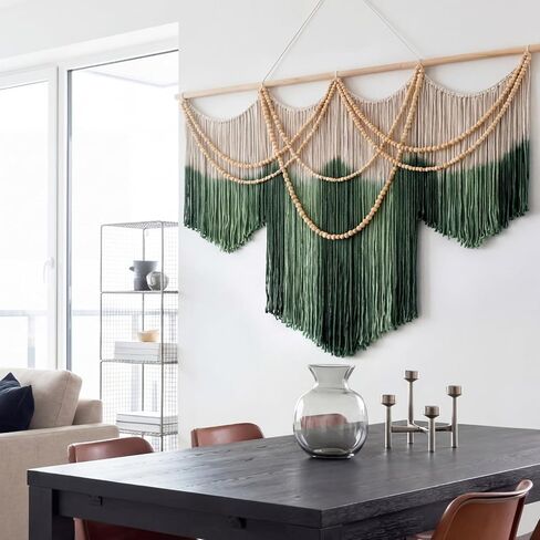 CrystalSylara كبير مكرامية الجدار شنقا بوهو الجدار الديكور الفن، 57 "ث × 43" L الأخضر والكريم الألياف تراجع مصبوغ نسيج الألياف المنسوجة يدويا والخرز الخشبي ديكور لغرفة النوم غرفة المعيشة ديكور المنزل in Kuwait