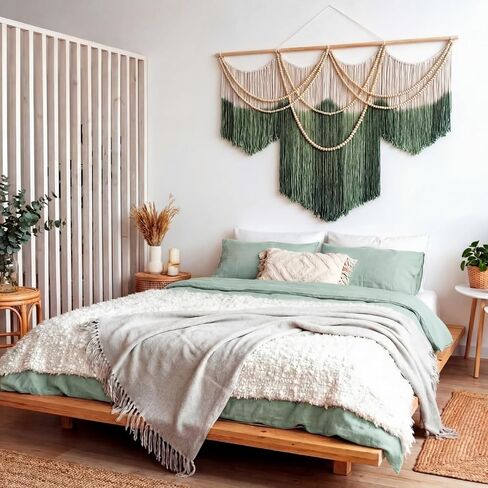 CrystalSylara كبير مكرامية الجدار شنقا بوهو الجدار الديكور الفن، 57 "ث × 43" L الأخضر والكريم الألياف تراجع مصبوغ نسيج الألياف المنسوجة يدويا والخرز الخشبي ديكور لغرفة النوم غرفة المعيشة ديكور المنزل in Kuwait