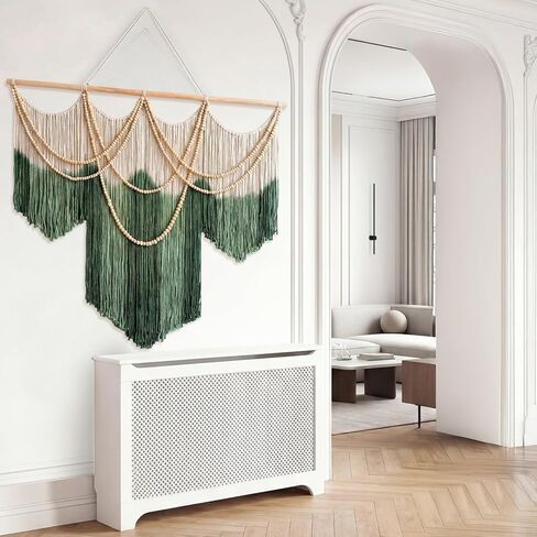 CrystalSylara كبير مكرامية الجدار شنقا بوهو الجدار الديكور الفن، 57 "ث × 43" L الأخضر والكريم الألياف تراجع مصبوغ نسيج الألياف المنسوجة يدويا والخرز الخشبي ديكور لغرفة النوم غرفة المعيشة ديكور المنزل in Kuwait