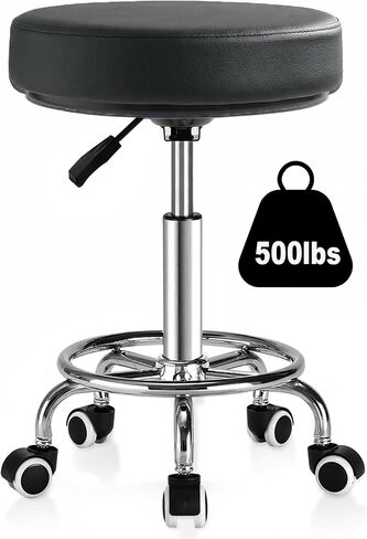 Adjustable Rolling Stool with Wheels 500lb Heavy Duty Round Rolling Stool with Footrest, Patent Leather Drafting Stool Chair with Wheels Work Spa Salon Seat（Black） in Saudi Arabia