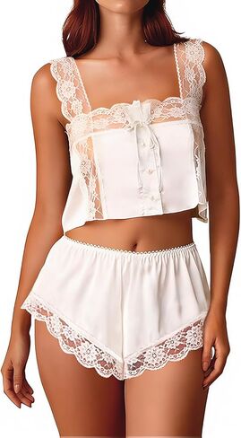 طقم بيجامة من الساتان المثير للنساء من Kolagri ملابس داخلية من الدانتيل مع فيونكة سهلة الارتداء وملابس نوم طقم شورتات قصيرة ملابس نوم لطيفة in Kuwait