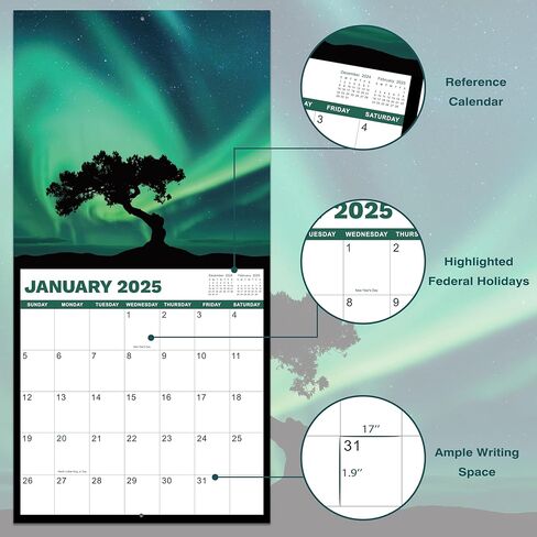 2025 Wall Calendar -2025 Calendar from Jan. 2025- Dec. 2025, Aurora Calendar 2025, 2025 Wall Calendar 12 Month with Thick & Sturdy Paper, 12" x 24" Opened, For Gifts in Kuwait
