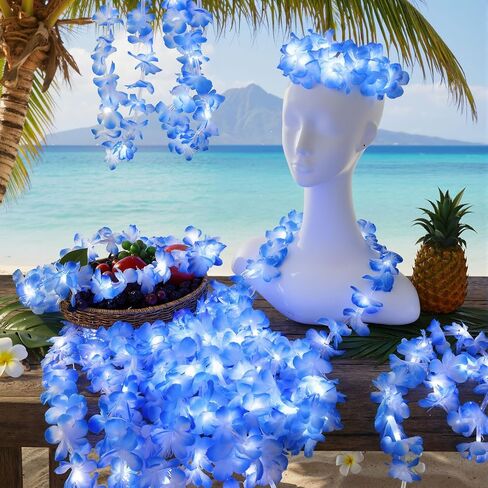 Sherr 12 Pcs White Light Up Hawaiian Leis LED Flower Leis Necklace Flower with LED Lights Luau Leis Flowers Necklaces for Wedding Masquerade Beach Tropical Halloween Christmas Party Supplies in Kuwait