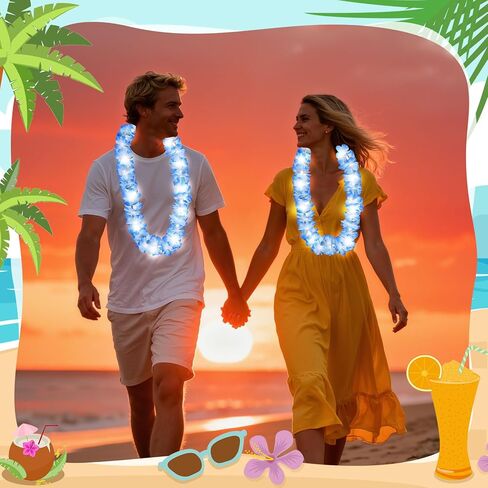 Sherr 12 Pcs White Light Up Hawaiian Leis LED Flower Leis Necklace Flower with LED Lights Luau Leis Flowers Necklaces for Wedding Masquerade Beach Tropical Halloween Christmas Party Supplies in Kuwait