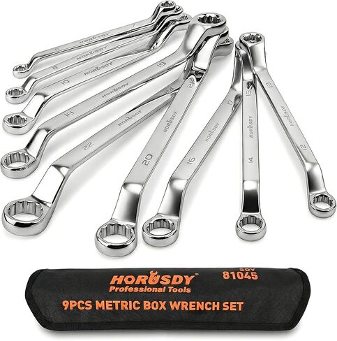 HORUSDY 9-Pece Metric Offset Box Wrench Set with Rolling Pouch, 75-Degree, Metric 6-24mm, CR-V Steel in Kuwait