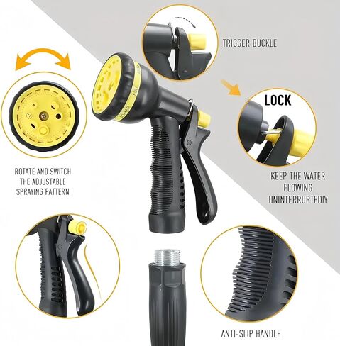 Garden Hose 50ft Triple TPE (Lightweight Kink-Free) 8-Function Nozzle | Ideal for Lawn, Car Wash & Camping in Kuwait