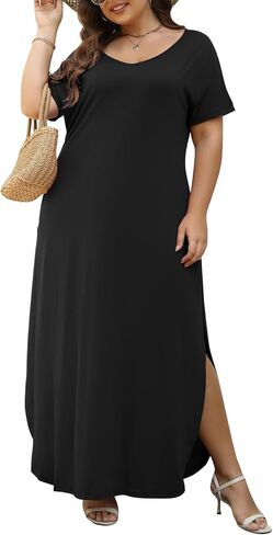 Nemidor Women's Casual Loose Pocket Long Dress Short Sleeve Plus Size Slit Maxi Dress in Kuwait