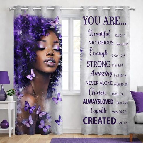 African American Purple Curtains for Bedroom and Living Room Black Girl Butterfly Pattern Funny Inspirational Quotes Blackout Curtains Woman Lady Drape Windowsill long Curtains 2 Panels 42x84 Inch in Saudi Arabia