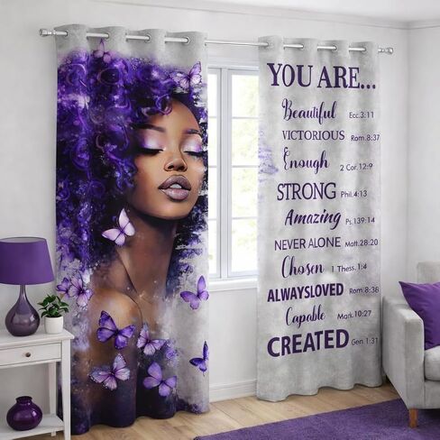 African American Purple Curtains for Bedroom and Living Room Black Girl Butterfly Pattern Funny Inspirational Quotes Blackout Curtains Woman Lady Drape Windowsill long Curtains 2 Panels 42x84 Inch in Saudi Arabia