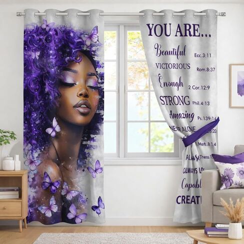 African American Purple Curtains for Bedroom and Living Room Black Girl Butterfly Pattern Funny Inspirational Quotes Blackout Curtains Woman Lady Drape Windowsill long Curtains 2 Panels 42x84 Inch in Saudi Arabia