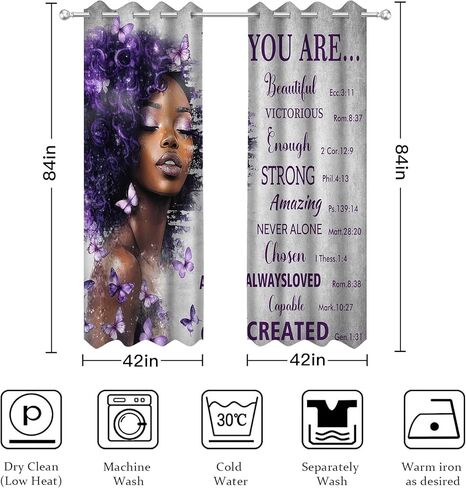 African American Purple Curtains for Bedroom and Living Room Black Girl Butterfly Pattern Funny Inspirational Quotes Blackout Curtains Woman Lady Drape Windowsill long Curtains 2 Panels 42x84 Inch in Saudi Arabia