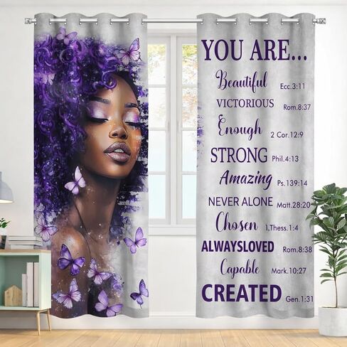 African American Purple Curtains for Bedroom and Living Room Black Girl Butterfly Pattern Funny Inspirational Quotes Blackout Curtains Woman Lady Drape Windowsill long Curtains 2 Panels 42x84 Inch in Saudi Arabia