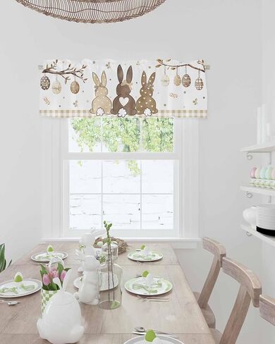 Easter Valance for Windows Bunny Eggs Curtains Valances Egg Branch Beige Plaid Rod Pocket Valance Window Treatments Spring Short Curtains for Kitchen Living Room Bedroom Holiday Decor 54x18 Inch in Saudi Arabia