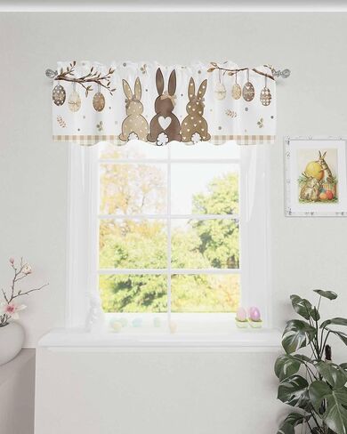 Easter Valance for Windows Bunny Eggs Curtains Valances Egg Branch Beige Plaid Rod Pocket Valance Window Treatments Spring Short Curtains for Kitchen Living Room Bedroom Holiday Decor 54x18 Inch in Saudi Arabia