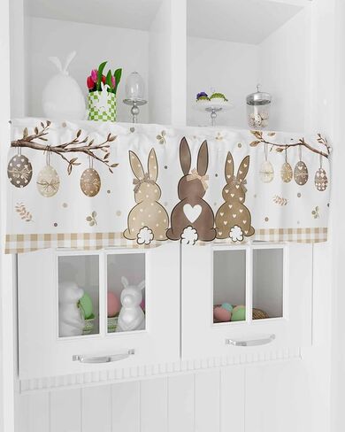 Easter Valance for Windows Bunny Eggs Curtains Valances Egg Branch Beige Plaid Rod Pocket Valance Window Treatments Spring Short Curtains for Kitchen Living Room Bedroom Holiday Decor 54x18 Inch in Saudi Arabia