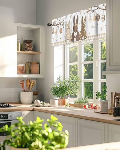 Easter Valance for Windows Bunny Eggs Curtains Valances Egg Branch Beige Plaid Rod Pocket Valance Window Treatments Spring Short Curtains for Kitchen Living Room Bedroom Holiday Decor 54x18 Inch in Saudi Arabia