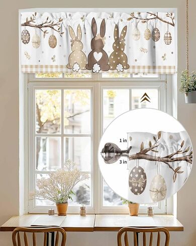 Easter Valance for Windows Bunny Eggs Curtains Valances Egg Branch Beige Plaid Rod Pocket Valance Window Treatments Spring Short Curtains for Kitchen Living Room Bedroom Holiday Decor 54x18 Inch in Saudi Arabia