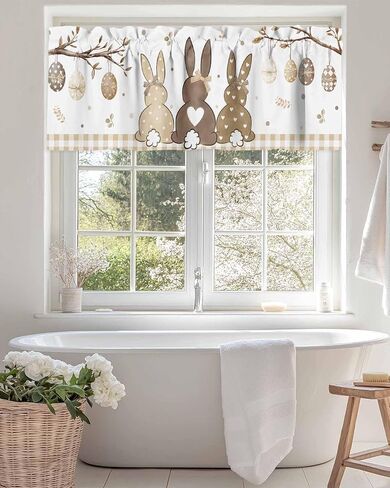 Easter Valance for Windows Bunny Eggs Curtains Valances Egg Branch Beige Plaid Rod Pocket Valance Window Treatments Spring Short Curtains for Kitchen Living Room Bedroom Holiday Decor 54x18 Inch in Saudi Arabia