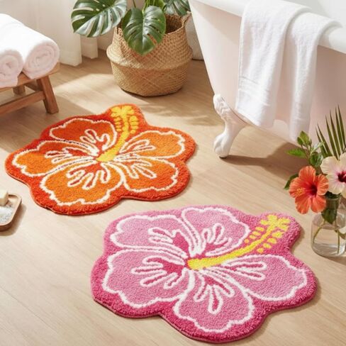 2 Pcs Cute Hibiscus Flower Bathroom Rugs, Soft Absorbent Microfiber Bath Mats, Non-Slip, Machine Washable, Orange & Pink, Perfect for Bathroom, Toilet, Shower, Kitchen, 22.8 x 23.6 Inch in Kuwait