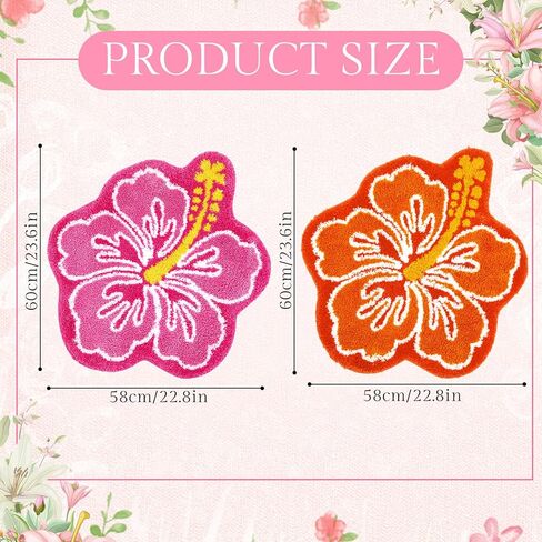 2 Pcs Cute Hibiscus Flower Bathroom Rugs, Soft Absorbent Microfiber Bath Mats, Non-Slip, Machine Washable, Orange & Pink, Perfect for Bathroom, Toilet, Shower, Kitchen, 22.8 x 23.6 Inch in Kuwait