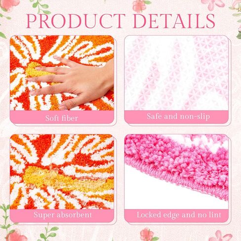 2 Pcs Cute Hibiscus Flower Bathroom Rugs, Soft Absorbent Microfiber Bath Mats, Non-Slip, Machine Washable, Orange & Pink, Perfect for Bathroom, Toilet, Shower, Kitchen, 22.8 x 23.6 Inch in Kuwait