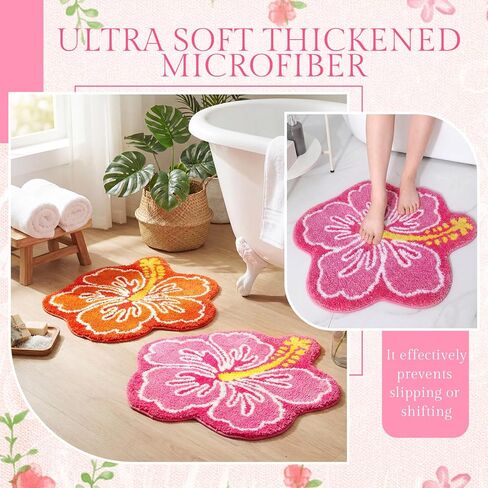 2 Pcs Cute Hibiscus Flower Bathroom Rugs, Soft Absorbent Microfiber Bath Mats, Non-Slip, Machine Washable, Orange & Pink, Perfect for Bathroom, Toilet, Shower, Kitchen, 22.8 x 23.6 Inch in Kuwait