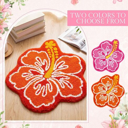 2 Pcs Cute Hibiscus Flower Bathroom Rugs, Soft Absorbent Microfiber Bath Mats, Non-Slip, Machine Washable, Orange & Pink, Perfect for Bathroom, Toilet, Shower, Kitchen, 22.8 x 23.6 Inch in Kuwait