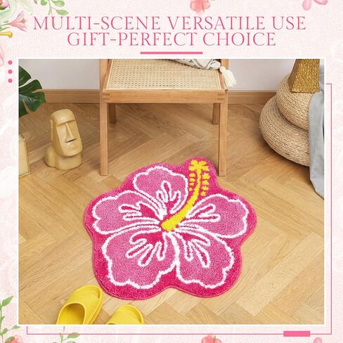 2 Pcs Cute Hibiscus Flower Bathroom Rugs, Soft Absorbent Microfiber Bath Mats, Non-Slip, Machine Washable, Orange & Pink, Perfect for Bathroom, Toilet, Shower, Kitchen, 22.8 x 23.6 Inch in Kuwait