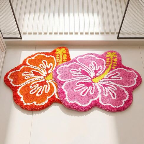 2 Pcs Cute Hibiscus Flower Bathroom Rugs, Soft Absorbent Microfiber Bath Mats, Non-Slip, Machine Washable, Orange & Pink, Perfect for Bathroom, Toilet, Shower, Kitchen, 22.8 x 23.6 Inch in Kuwait