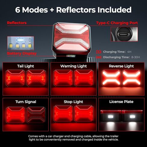 HWSTAR 2026 مجموعة أضواء المقطورة اللاسلكية المغناطيسية، مصابيح سحب مقاومة للماء IP67 قابلة لإعادة الشحن لشاحنة RV قارب مقطورة، مصابيح سحب LED محمولة مع إشارة تحذير دوران الفرامل وأضواء الجري in Kuwait