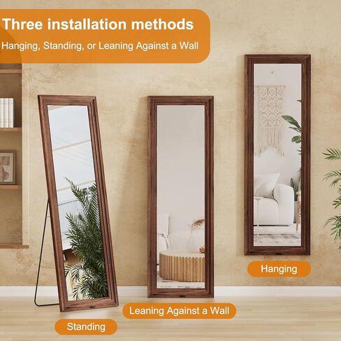 مرآة كاملة الطول، مرآة بطول كامل 71 × 32 بوصة مثبتة على الحائط، تعليق عمودي، حامل مائل لغرفة النوم، غرفة المعيشة، إطار خشبي مستطيل، لون بني خشبي. in Kuwait