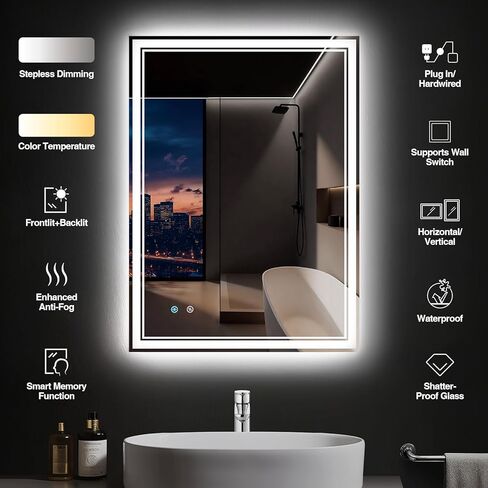 28"x 36" LED Bathroom Mirror with Anti-Fog, Dimmable Backlit + Front Lit, LED Bathroom Vanity Mirror for Wall, Memory Function, Shatter-Proof Glass, ETL Listed(NHYJ7922D) in Saudi Arabia