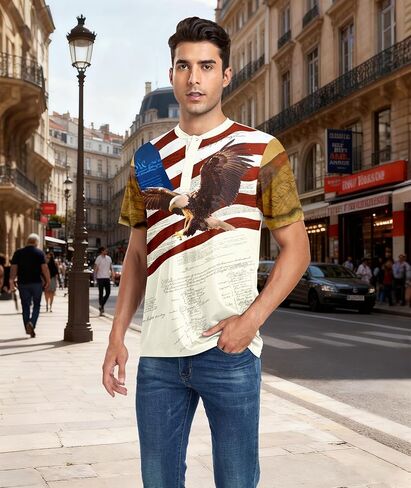 Men's Short-Sleeve Basic Henley T-Shirt Button-Front Printed T-Shirt for Summer Casual Wear in Saudi Arabia
