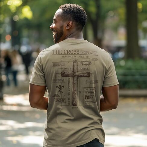 Kerusso Unisex Christian Crewneck Short Sleeve Graphic T-Shirt Cotton Khaki Cross Blueprint in Kuwait