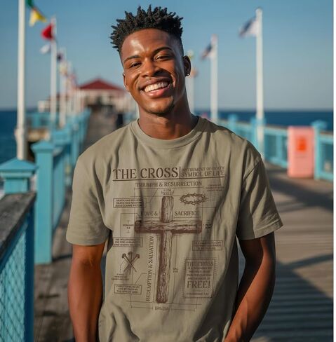 Kerusso Unisex Christian Crewneck Short Sleeve Graphic T-Shirt Cotton Khaki Cross Blueprint in Kuwait