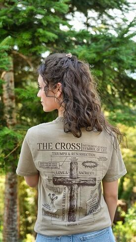 Kerusso Unisex Christian Crewneck Short Sleeve Graphic T-Shirt Cotton Khaki Cross Blueprint in Kuwait