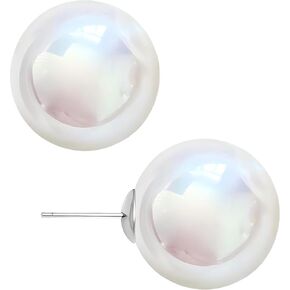 14mm White Pinkish Luster Faux Pearl S925 Silver Stud Earrings | Hypoallergenic Round Pearl Studs | Appropriate Size Earrings for Ladies Daily Wear & Gift in Saudi Arabia