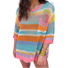 Womens Fashion Sweater Top Casual Crochet Short Sleeve Hollow Out Sweater Pullover Knit Tops Summer Outfits in Kuwait