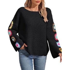 Kinghua Floral Crochet Sweaters for Women Fall Winter Casual Crew Neck Flower Pullover Boho Sweater Knit Tops in Kuwait