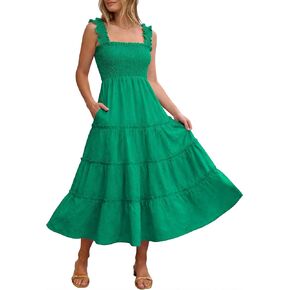 Caracilia Womens Summer Midi Dress Casual Square Neck Sleeveless Eyelet Smocked A Line Tiered 2026 Flowy Dresses with Pockets in Kuwait