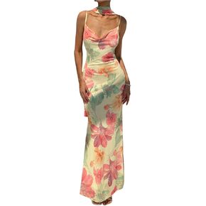 فستان نسائي طويل من GORGLITTER مزين بالورود مع وشاح للرقبة ورقبة متدلية شبكية بدون أكمام بدون ظهر وذيل السمكة فساتين طويلة in Kuwait