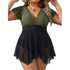 CiCiBird Women's Plus Size Swimsuit One Piece Swim Dress Tummy Control Bathing Suit Lace V Neck Ruffle Sleeve Swimwear in Kuwait