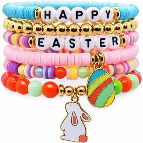 Easter Beaded Bracelet Set, Stretch Bracelets with Bunny & Egg Charms, Colorful Spring Jewelry for Women, Easter Party Favor Bracelets in Saudi Arabia
